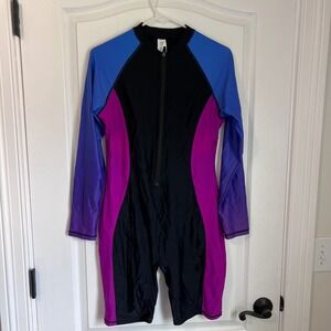 Halcurt Womens Long Sleeve Rash Guard Swimsuit Black Purple Blue Colorblock L
